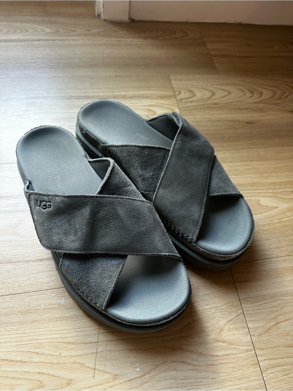 UGG Charcoal Gray Suede Crisscross Slide Sandals
